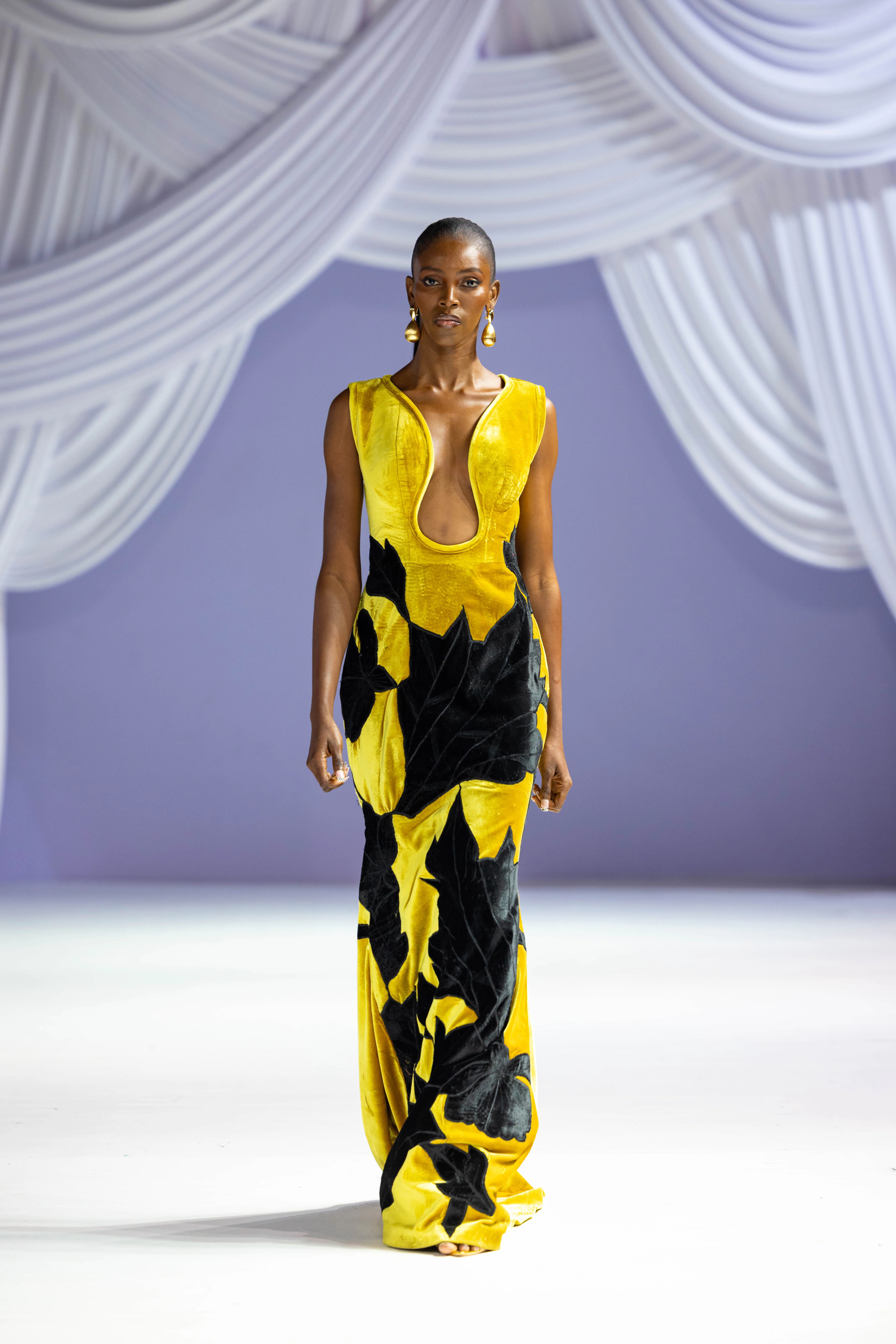 gold velvet column gown