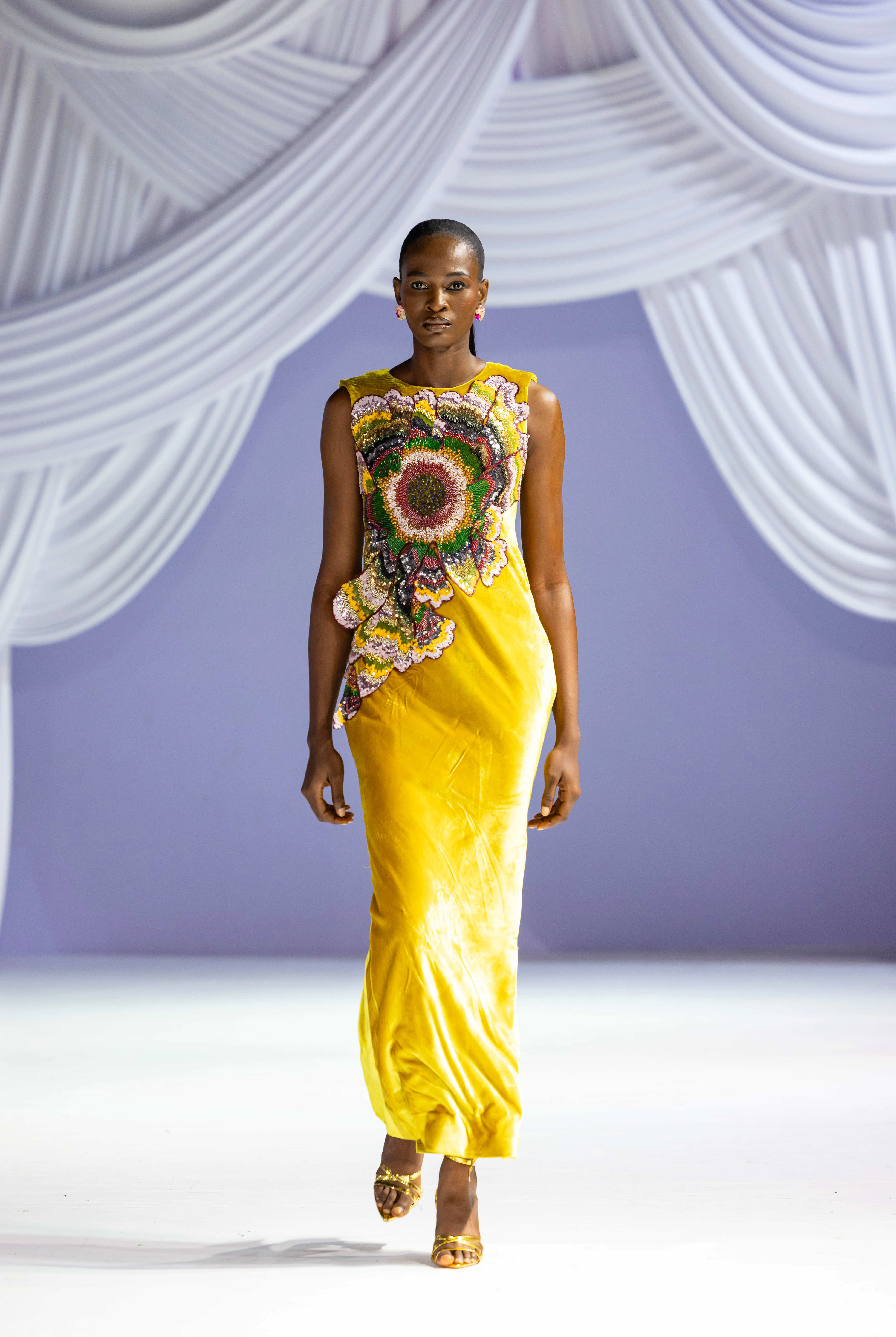 Yellow embellished evening dress