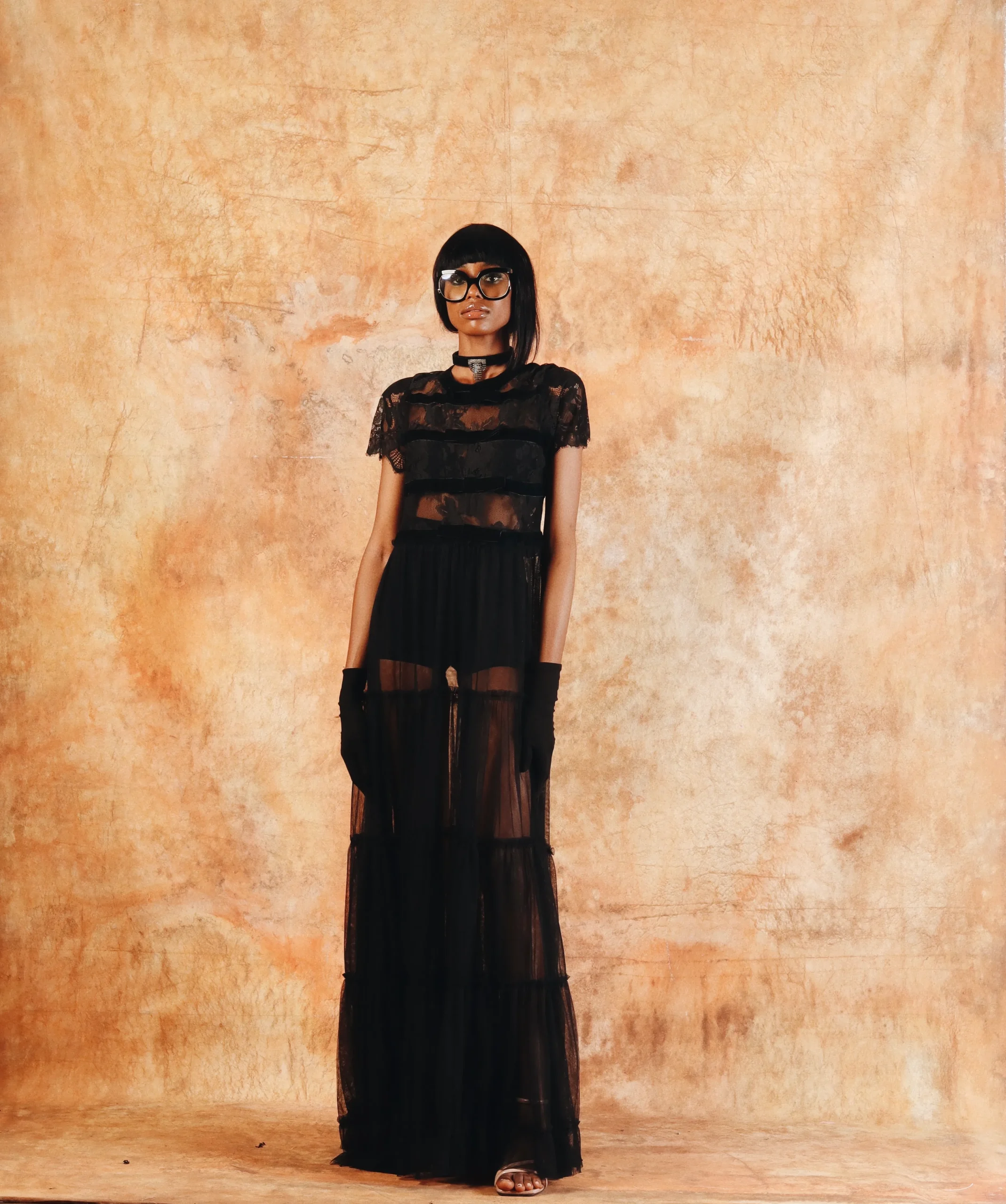 black sheer silk tiered gown