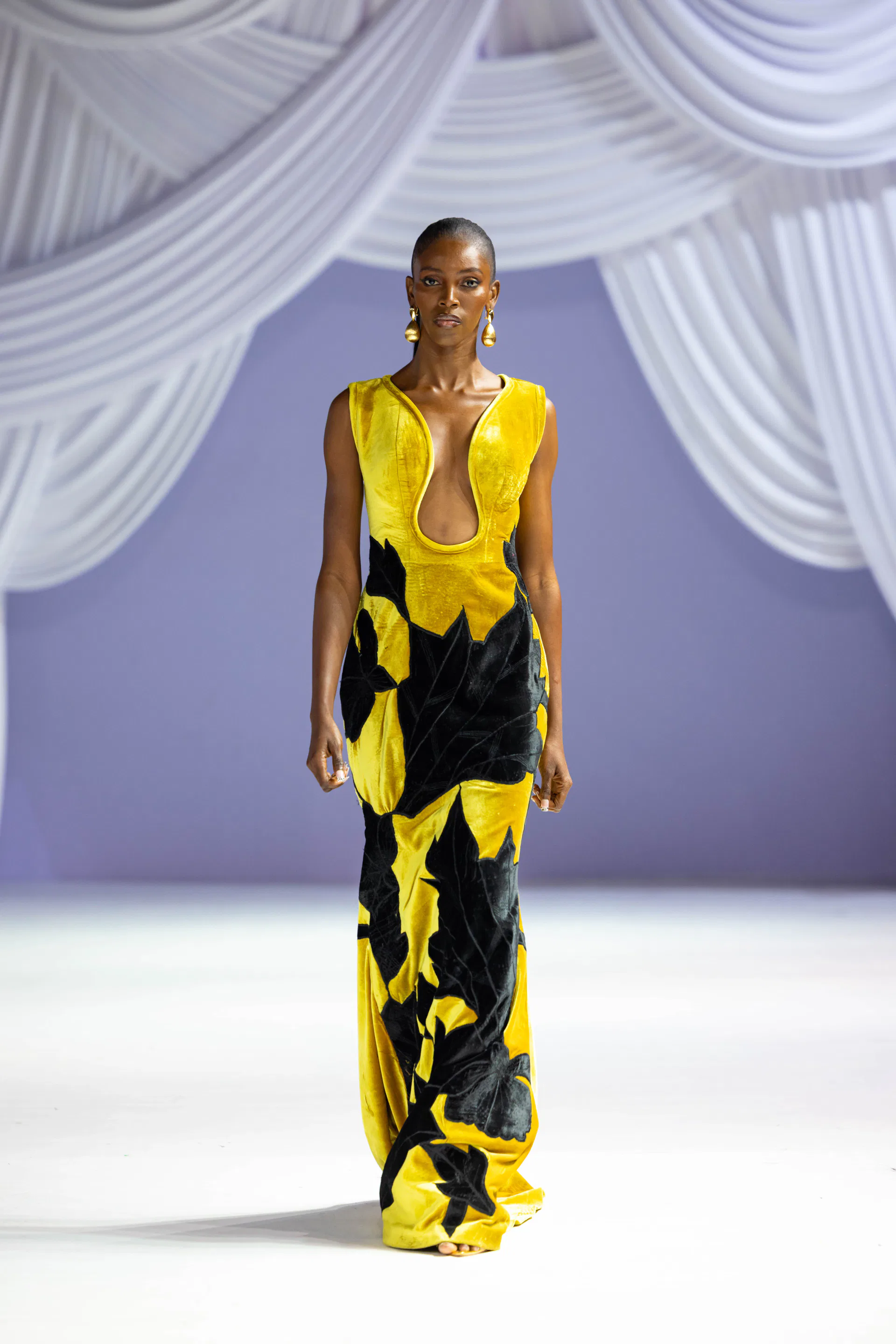 gold velvet column gown