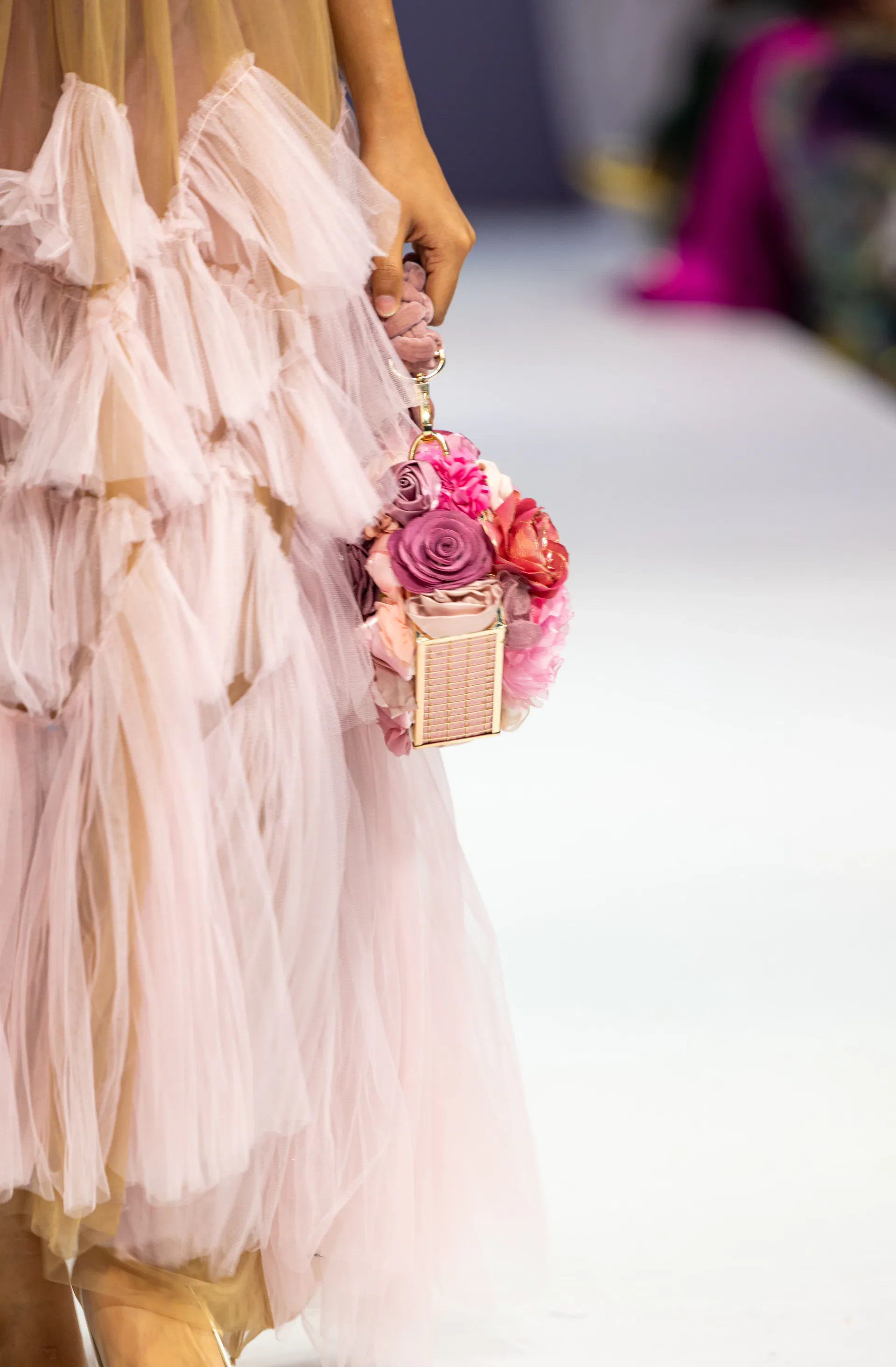 Blush tulle and floral bag detail